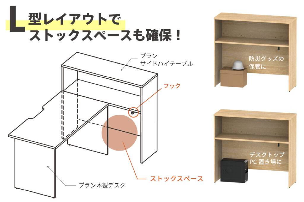 プラン木製デスクとサイドハイテーブル　棚下空間の活用について