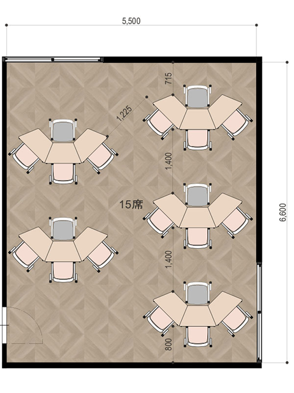 【講師1：生徒3】台形デスクの個別指導教室レイアウト平面図